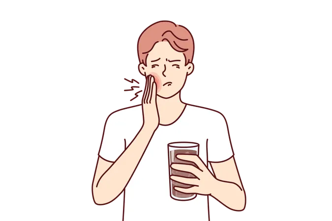 Man Suffers From Toothache Caused By Cold Drink And Needs Pain Medication And Dentist Guy With Toothache Associated With Caries Or Stomatitis Holds Glass Of Medicine For Mouthwash Illustration