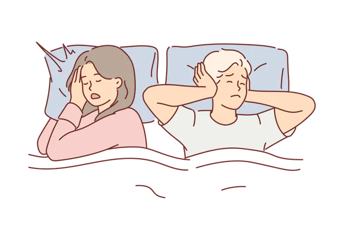 Man suffers from wife snoring and closes ears  Illustration