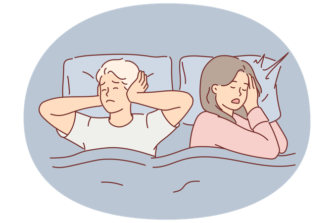 Man suffers from wife snoring and closes ears and cannot sleep because of loud noises  Illustration