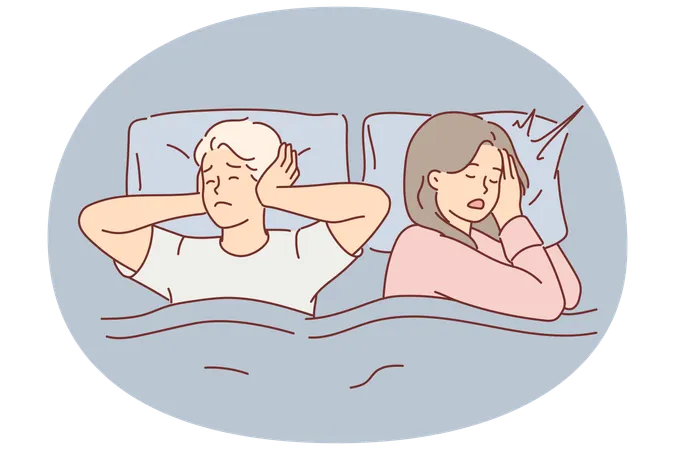 Man suffers from wife snoring and closes ears and cannot sleep because of loud noises  Illustration