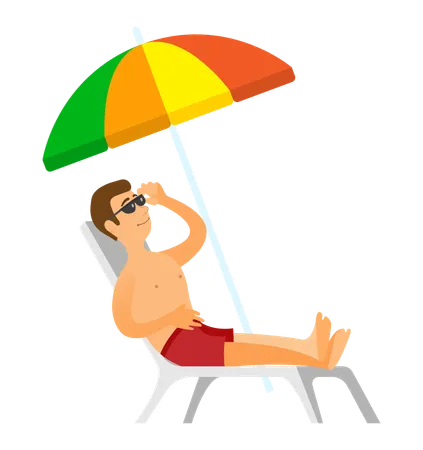 Summertime Relaxation Traveling To Coast Vector Tourist Wearing Sunglasses Laying Under Umbrella On Chaise Longue Person On Beach In Swimming Shorts 일러스트레이션