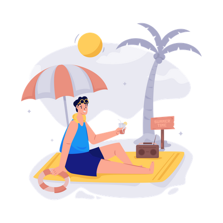 Man sunbathing at beach Illustration