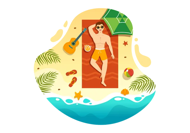 Man Sunbathing At Beach  Illustration
