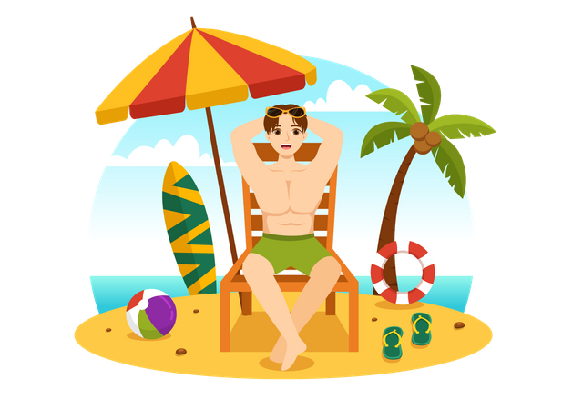 Man Sunbathing At Beach  Illustration