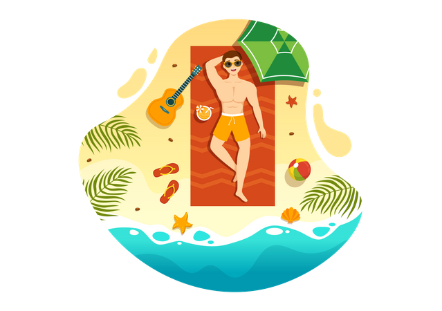 Man Sunbathing At Beach  Illustration