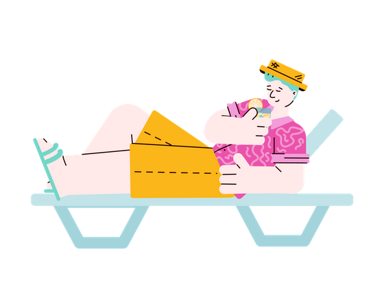 Man Sunbathing on beach lounger with drink  Illustration