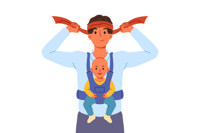 Man super father with baby in bag  Illustration