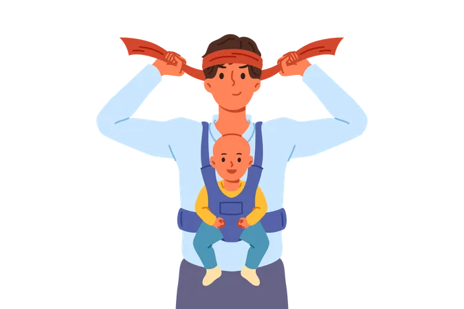 Man super father with baby in bag  Illustration