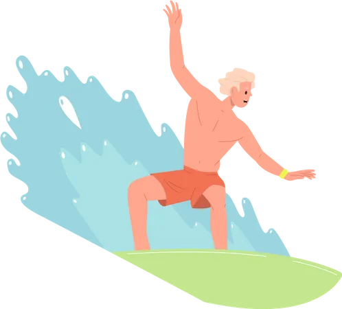 Man surfer riding fast on board in sea ocean water waves enjoying summer time recreation  Illustration