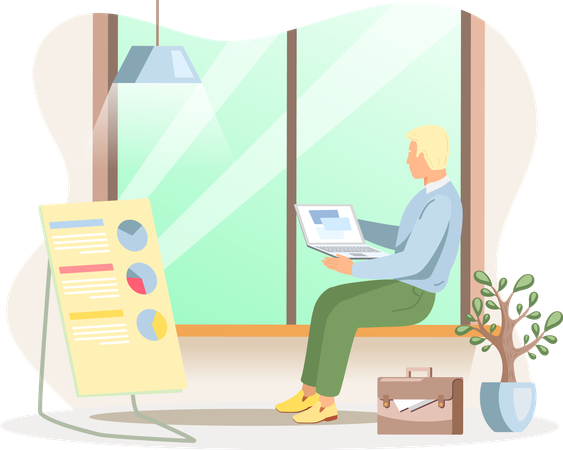 Man surfing internet looking for information and sitting near window in office  Illustration