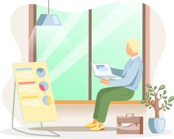 Man surfing internet looking for information and sitting near window in office  Illustration