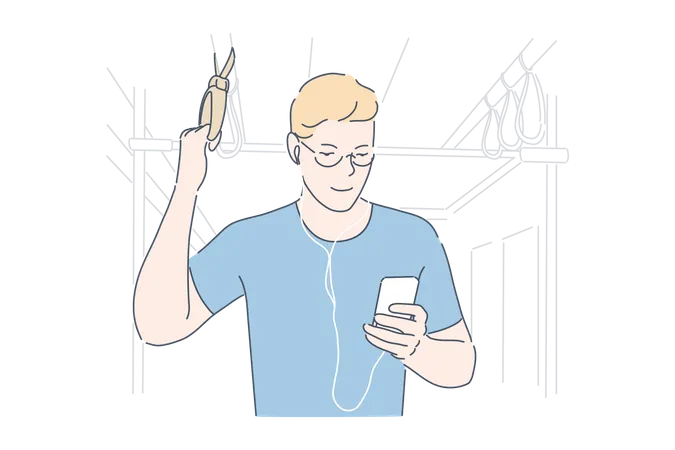 Commuting Using Smartphone Bus Passenger Concept Male Commuter Surfing Web In Public Transport Underground Young Man Listening Music On Cellphone With Headphones Simple Flat Vector イラスト