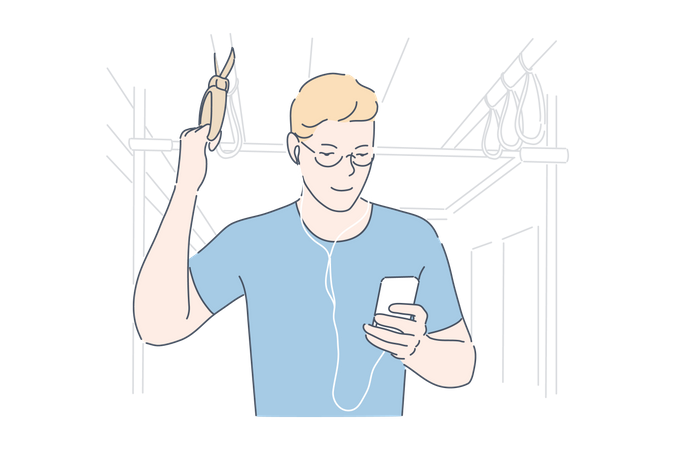 Man surfing web in public transport  Illustration