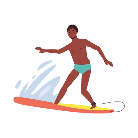 Outdoor Water Sports Action African American Man Surfing With Surfboard Illustration