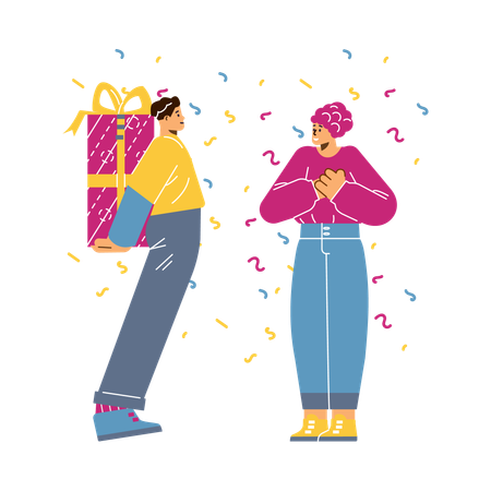 Man surprising his girlfriend or friend with gift  Illustration
