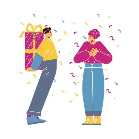 Man surprising his girlfriend or friend with gift  Illustration