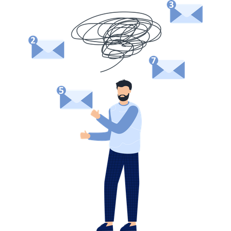Man Surrounded by Envelopes with a Thought Bubble Digital Communication  Illustration