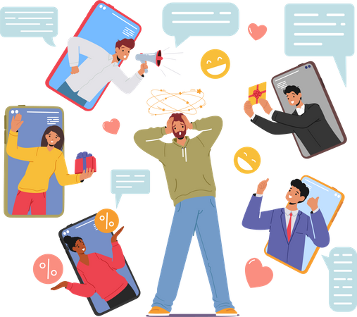 Man surrounded with social media spam  イラスト