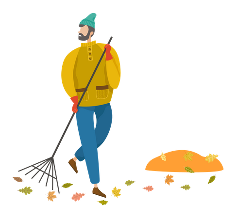 Man sweeping fallen leaves during autumn  Illustration