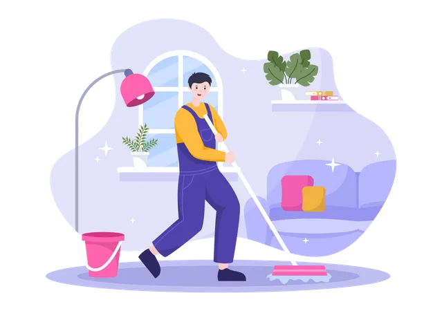 Man sweeping floor using mop  Illustration