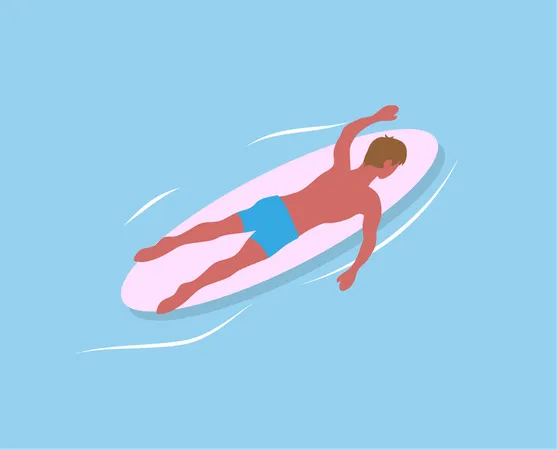 Man Swimming On Surfboard Isolated On Blue Sea Waters Vector Surfboarder Relaxing In Calm Pool Extreme Sport And Cartoon Character In Trousers Back View Illustration