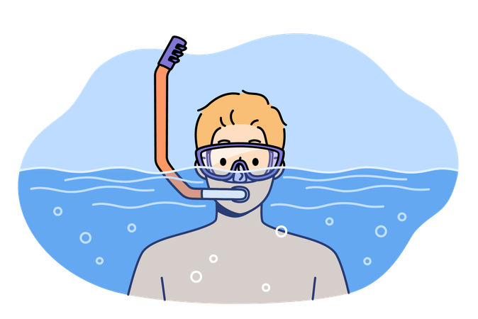 Man swims in pool with goggles and snorkel for breathing underwater during summer holiday at resort  イラスト