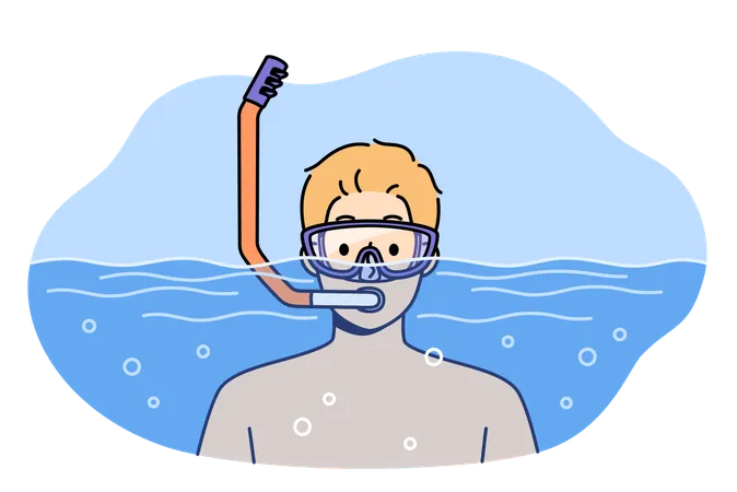 Man swims in pool with goggles and snorkel for breathing underwater during summer holiday at resort  イラスト