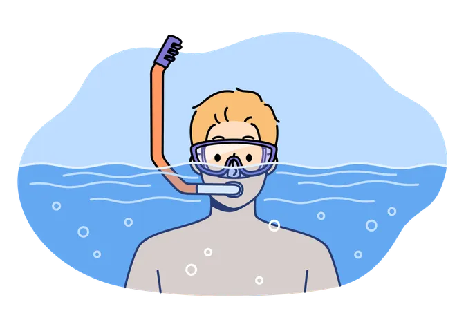 Man swims in pool with goggles and snorkel for breathing underwater during summer holiday at resort  Illustration