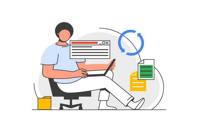 Homme synchronise des documents en ligne  Illustration