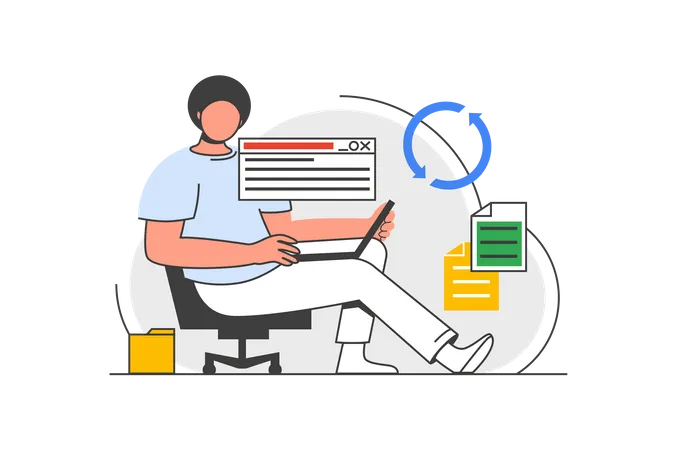 Homme synchronise des documents en ligne  Illustration