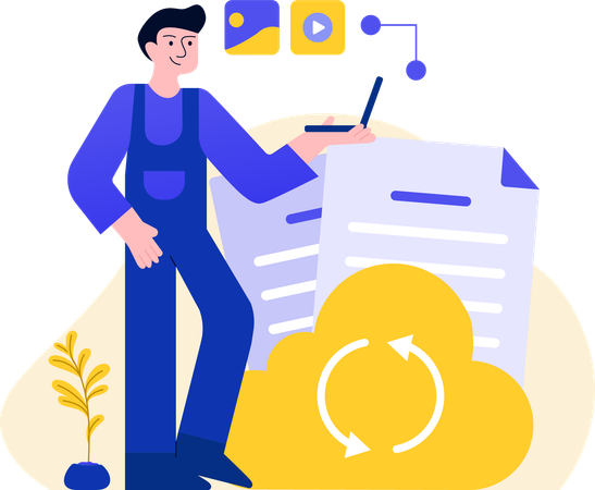 Man Synchronizing Cloud File  Illustration