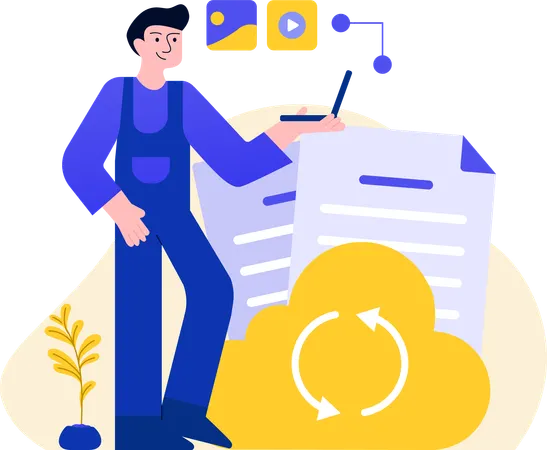 Man Synchronizing Cloud File  Illustration