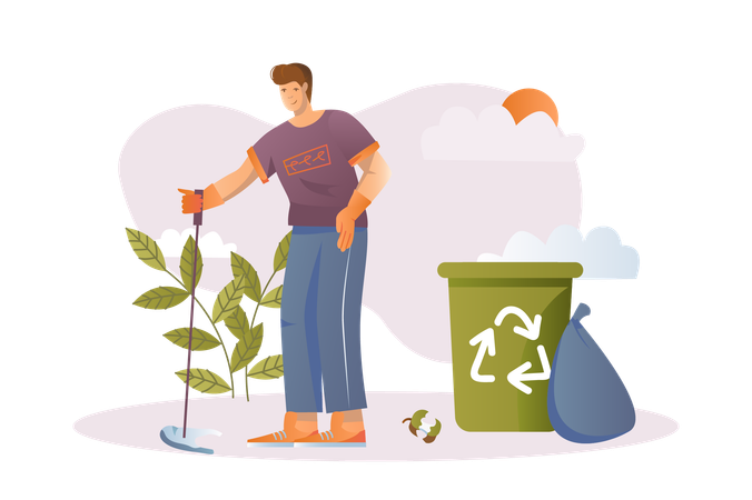 Man take care of environment and clean up garbage  Illustration