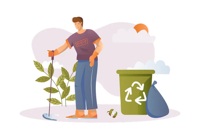 Man take care of environment and clean up garbage  Illustration