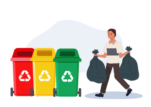 Man take trash bags into bin  Illustration