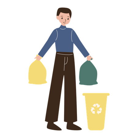 Man take trash bags into bin  Illustration