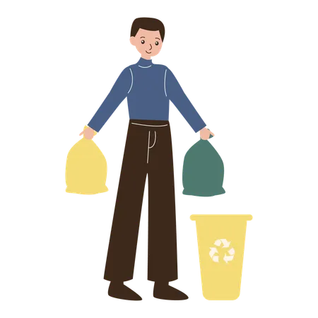 Man take trash bags into bin  Illustration