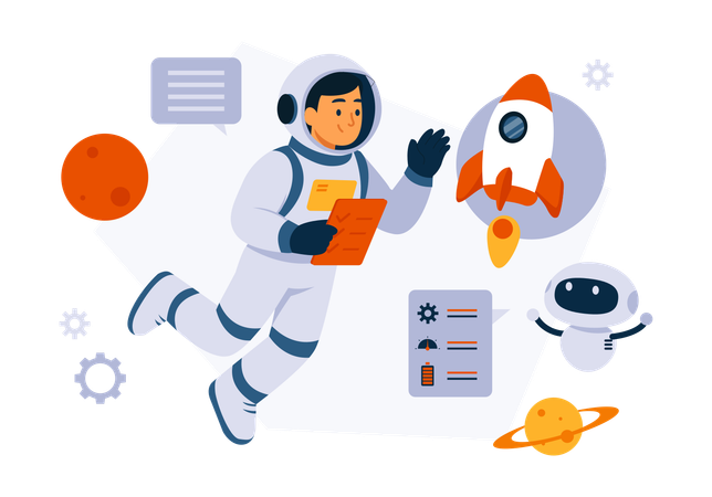 Man Takes A Space Trip With A Robot  Illustration