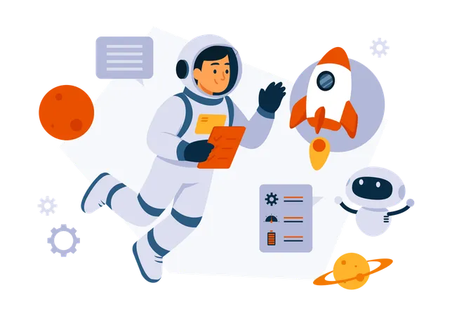 Man Takes A Space Trip With A Robot  Illustration