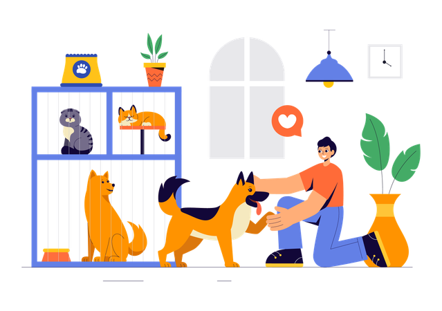 Man takes care of dog in Pet Adoption Center  Illustration