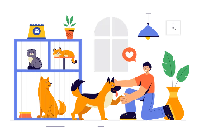 Man takes care of dog in Pet Adoption Center  Illustration