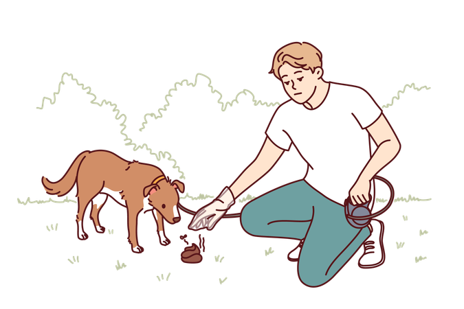 Man takes dog outdoor for excretion  Illustration