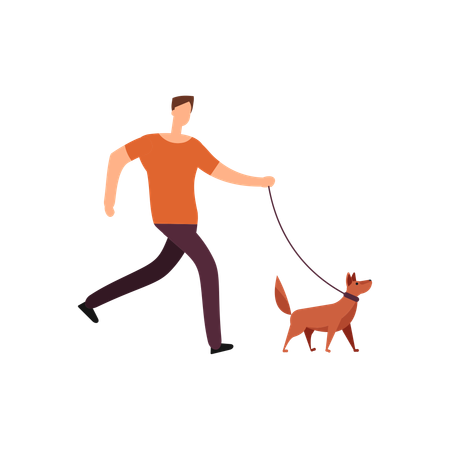Man takes his pet dog for walk in garden  Illustration