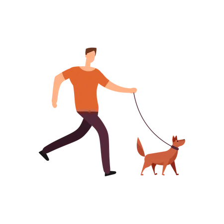 Man takes his pet dog for walk in garden  Illustration