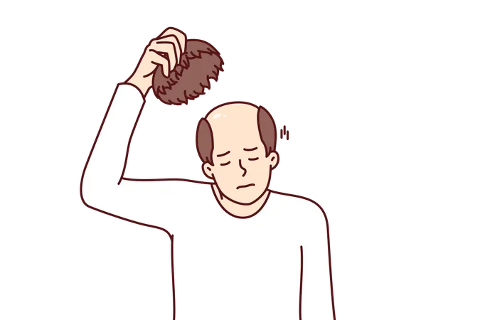 Man takes off wig and experiences stress of baldness caused by problems with hair  Illustration
