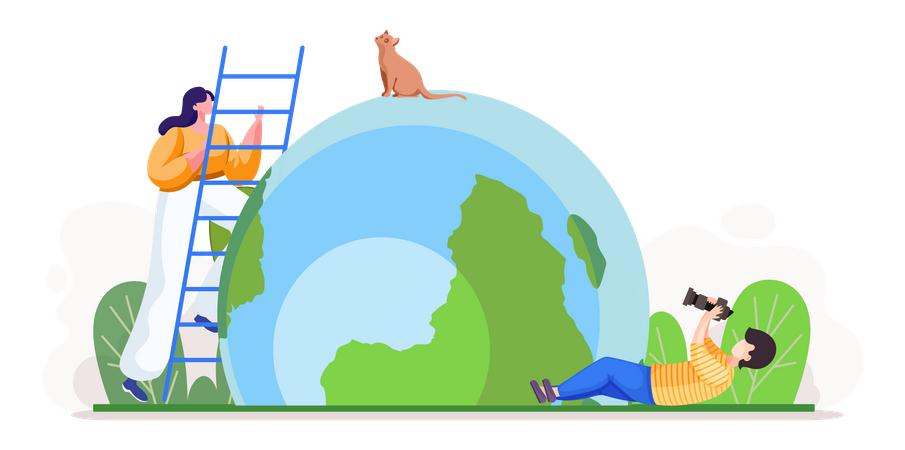 Man takes photo of cat sitting on globe and woman stands on stepladder Illustration
