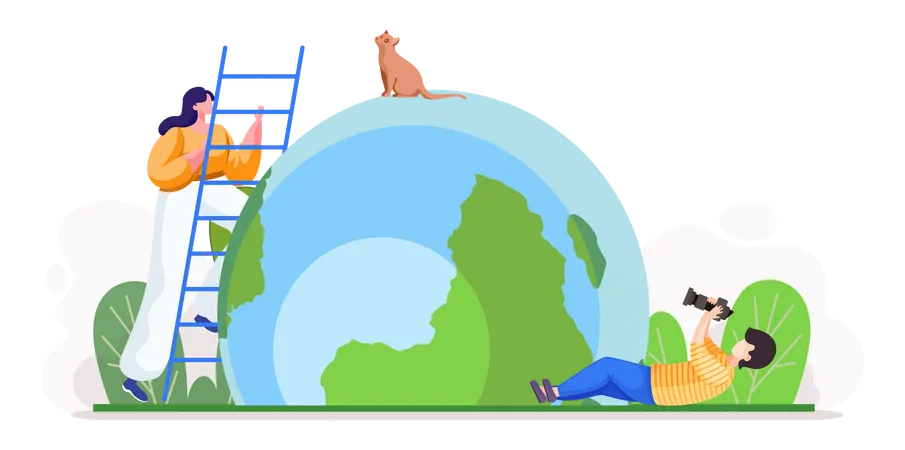 Man Takes Photo Of The Cute Cat Sitting On The Globe And The Woman Stands On The Stepladder Next To Cat Photo Sesssion Of The Kitten In The Park Vector Illustration Man Use The Camera To Make Image Illustration