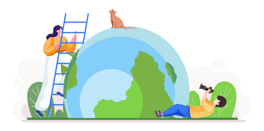 Man takes photo of cat sitting on globe and woman stands on stepladder  Illustration