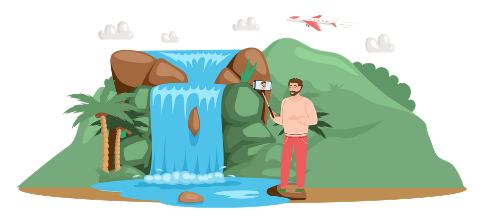 Man takes selfie stands near lake in mountain Illustration