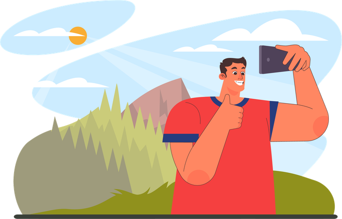 Man takes selfies on forest camp  イラスト